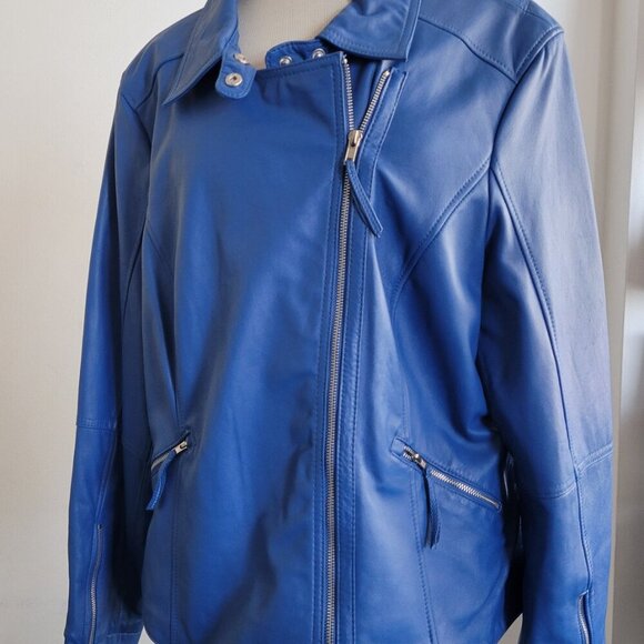 Women's "Twiggy London" 100% Genuine Leather Medium Blue Moto Jacket (Size: 1X) - Picture 10 of 14